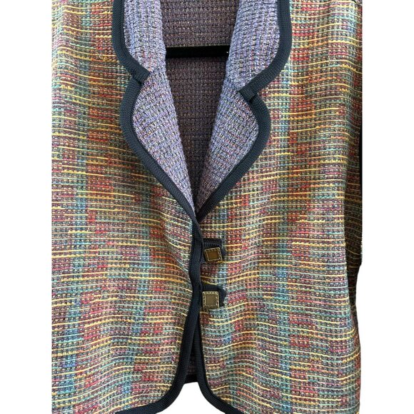Multicolor Woven Patterned Women's Jacket With Black Trim Decorative Buttons - Picture 2 of 4